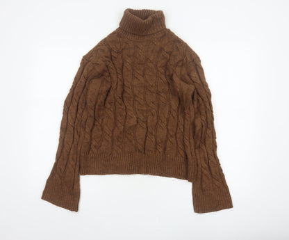 Marks and Spencer Women Brown S Cable Knit Roll Neck Jumper