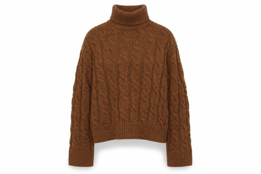 Marks and Spencer Women Brown S Cable Knit Roll Neck Jumper