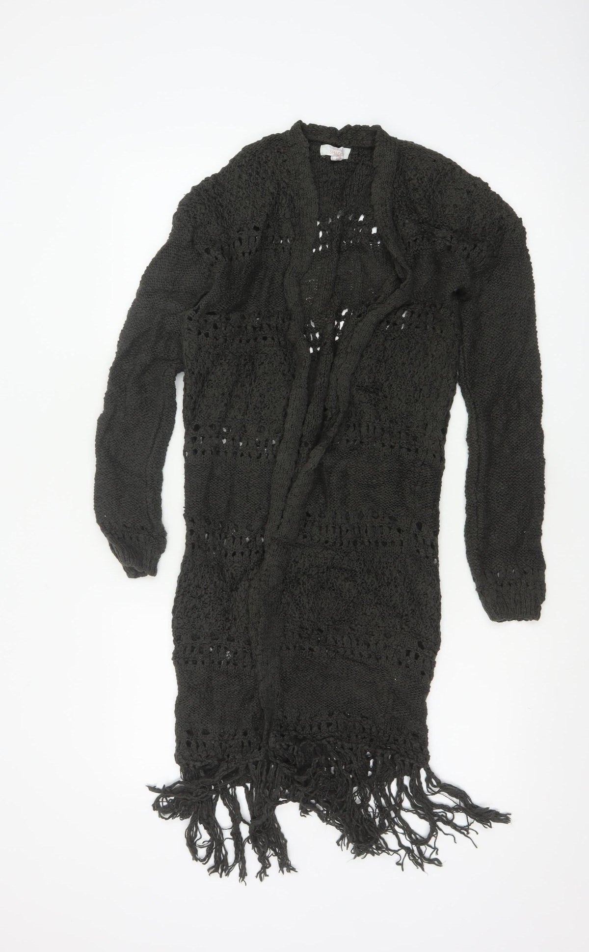 Sun & Shadow Women’s Black XS Open Knit Fringe Long Cardigan