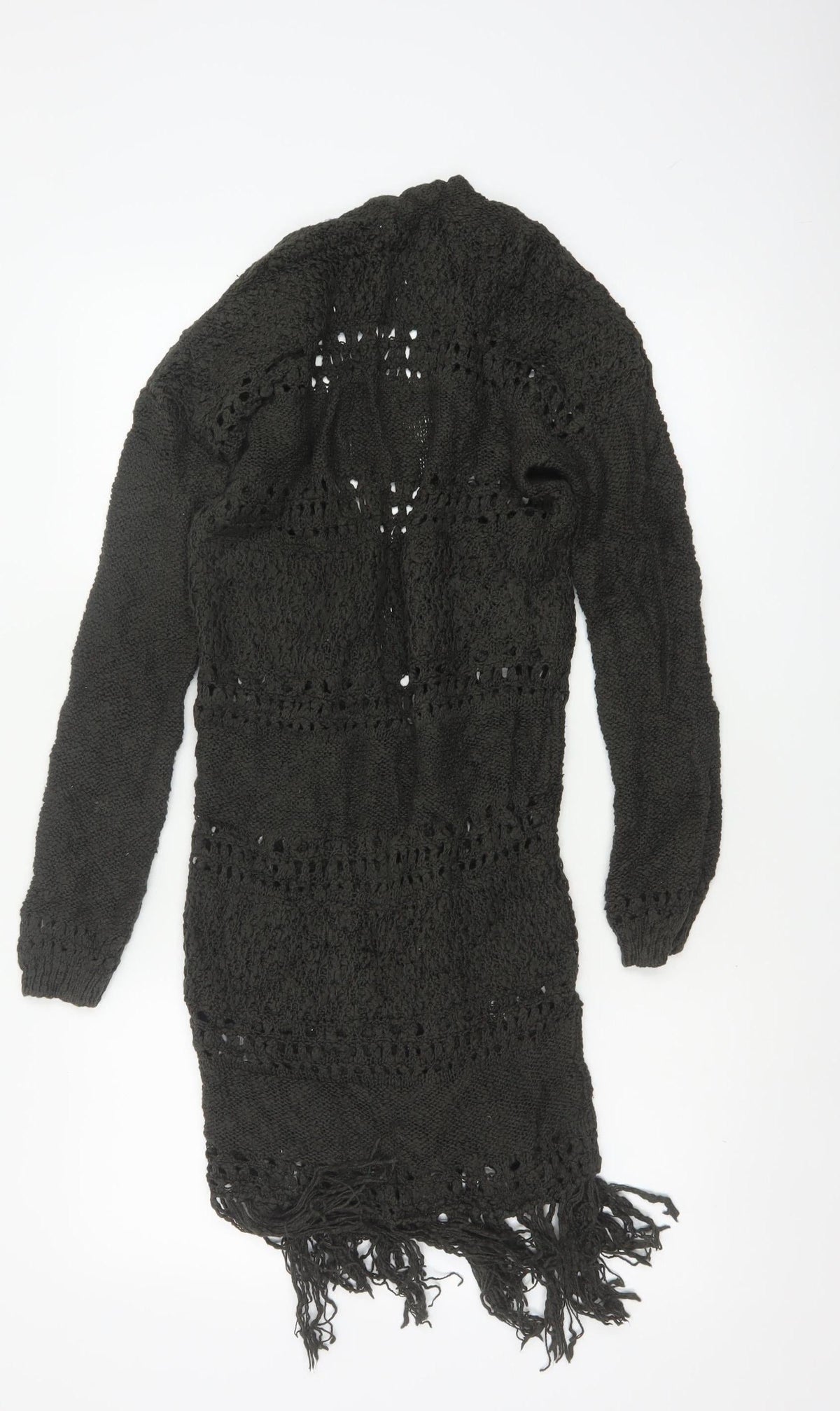 Sun & Shadow Women’s Black XS Open Knit Fringe Long Cardigan