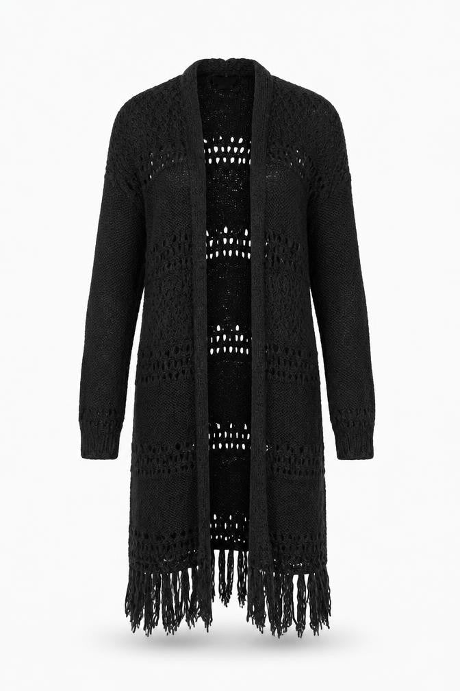 Sun & Shadow Women’s Black XS Open Knit Fringe Long Cardigan