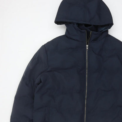 French Connection Men Blue M Puffer Jacket Hooded Insulated Full Zip