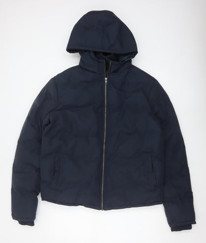French Connection Men Blue M Puffer Jacket Hooded Insulated Full Zip