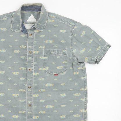 Hula Mont Men’s Blue Fish Print Short Sleeve Button-Up Shirt L