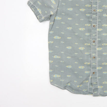 Hula Mont Men’s Blue Fish Print Short Sleeve Button-Up Shirt L