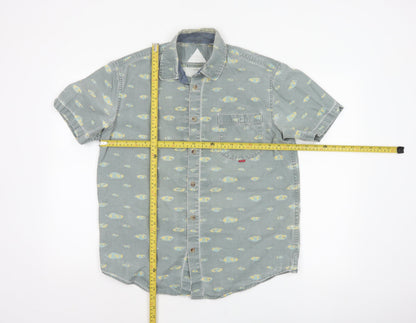 Hula Mont Men’s Blue Fish Print Short Sleeve Button-Up Shirt L