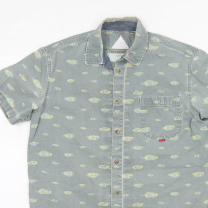 Hula Mont Men’s Blue Fish Print Short Sleeve Button-Up Shirt L