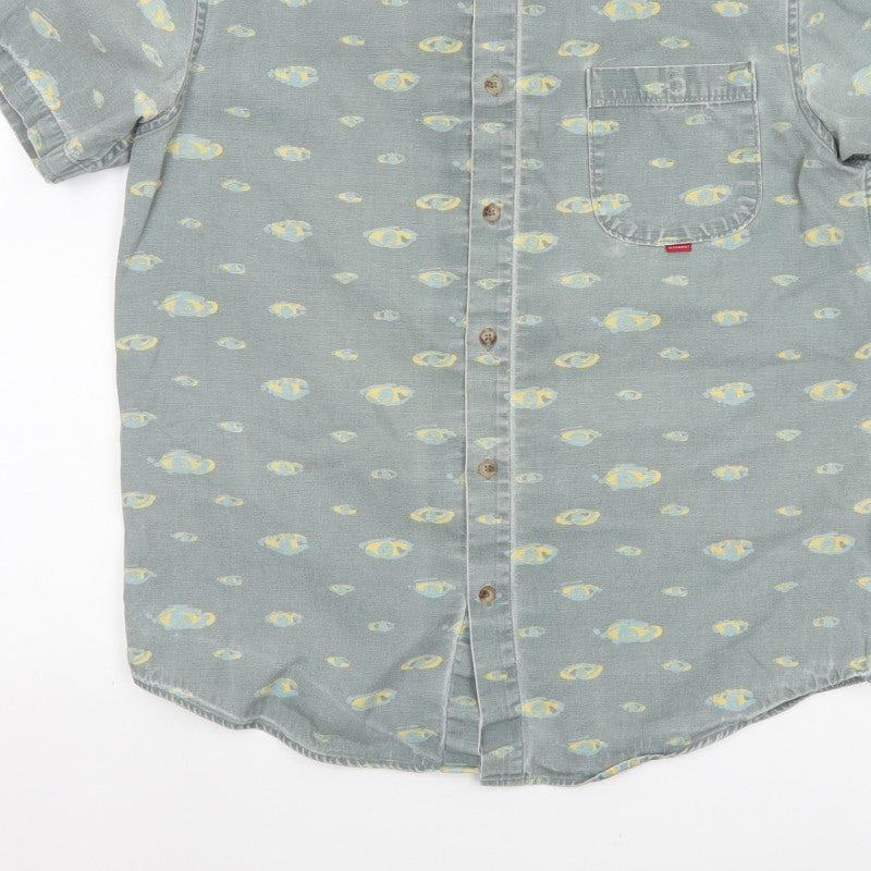Hula Mont Men’s Blue Fish Print Short Sleeve Button-Up Shirt L