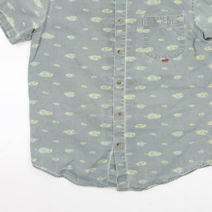 Hula Mont Men’s Blue Fish Print Short Sleeve Button-Up Shirt L