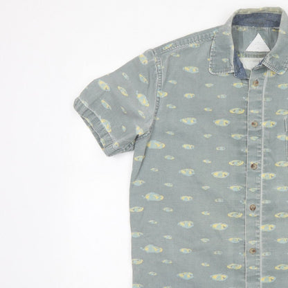 Hula Mont Men’s Blue Fish Print Short Sleeve Button-Up Shirt L