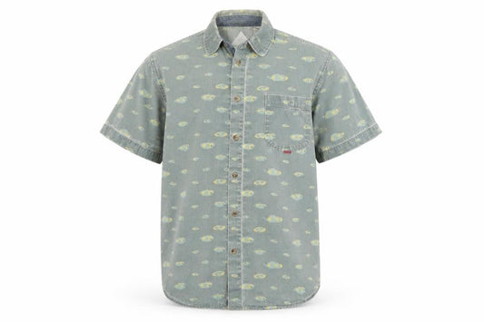 Front view of Hula Mont Men’s Blue Fish Print Short Sleeve Button-Up Shirt L