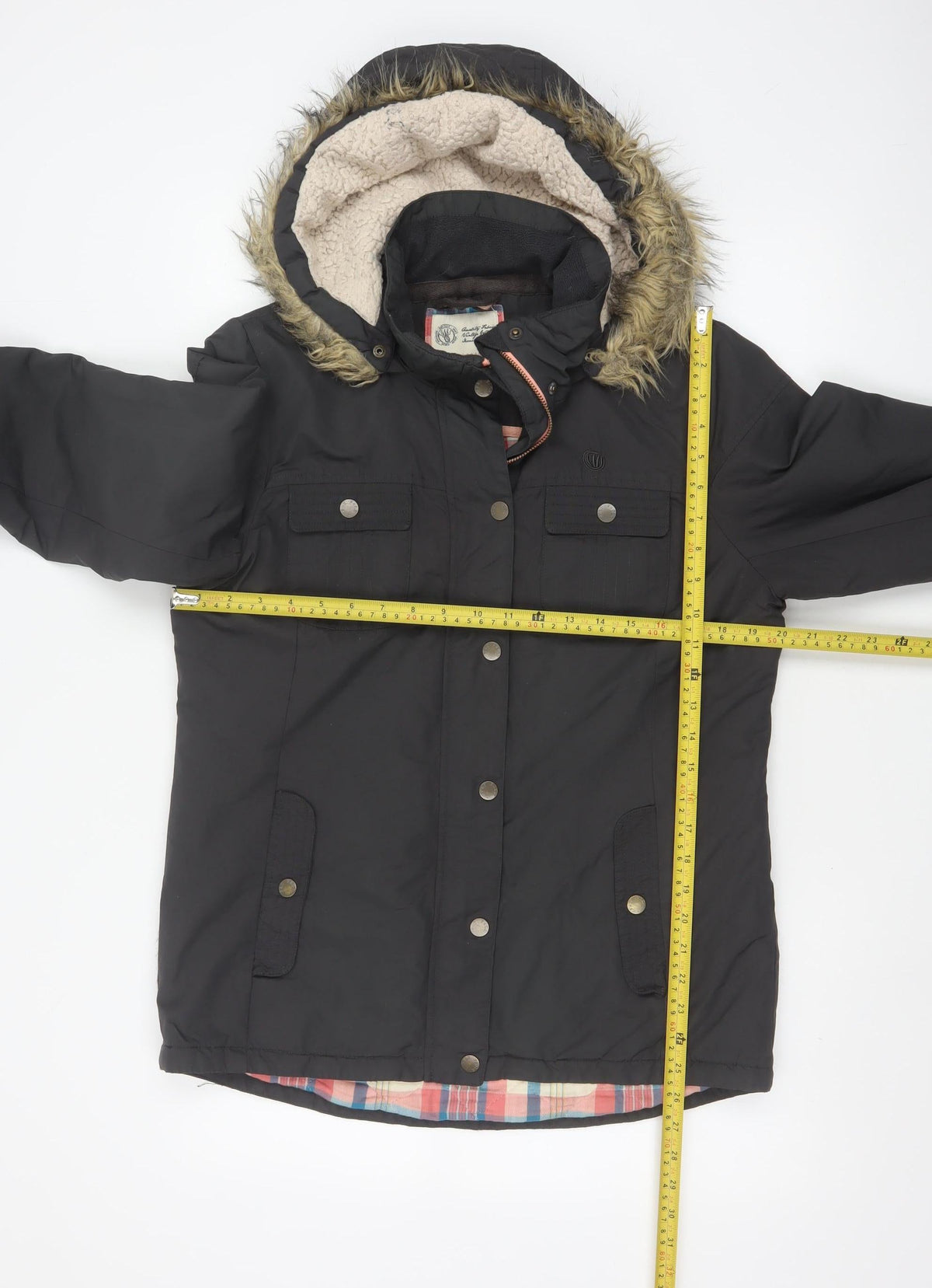 Fat Face Women's Black UK 12 Hooded Faux Fur Trim Parka Coat