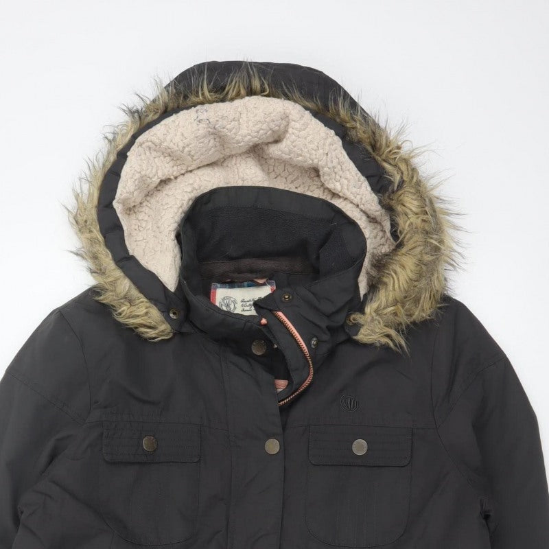 Fat Face Women's Black UK 12 Hooded Faux Fur Trim Parka Coat
