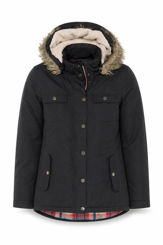 Fat Face Women's Black UK 12 Hooded Faux Fur Trim Parka Coat