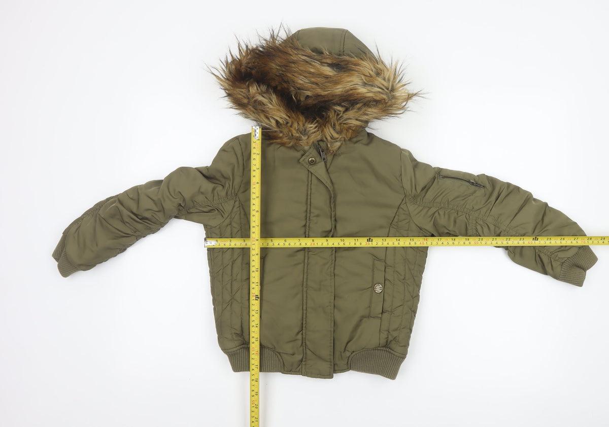 Close-up detail of Next girls’ green faux fur hood padded bomber jacket age 8 years