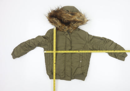 Close-up detail of Next girls’ green faux fur hood padded bomber jacket age 8 years