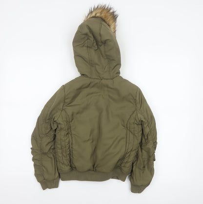 Brand and care label for Next girls’ green faux fur hood padded bomber jacket age 8 years