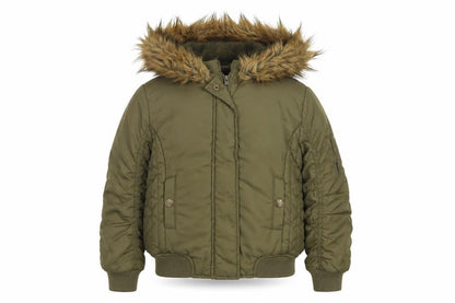 Front view of Next girls’ green faux fur hood padded bomber jacket age 8 years