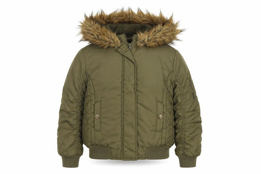 Front view of Next girls’ green faux fur hood padded bomber jacket age 8 years