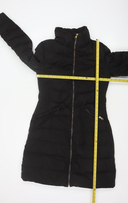 Zara Women Black M Long Quilted Puffer Coat Zip Padded Winter