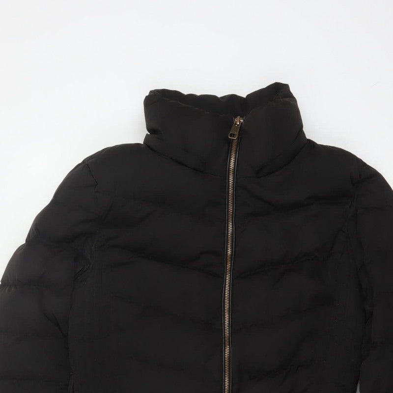 Zara Women Black M Long Quilted Puffer Coat Zip Padded Winter
