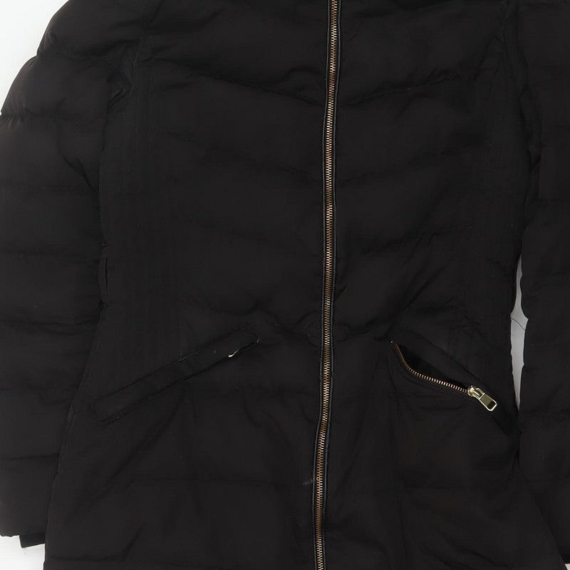 Zara Women Black M Long Quilted Puffer Coat Zip Padded Winter