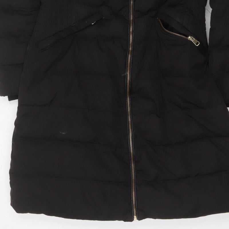 Zara Women Black M Long Quilted Puffer Coat Zip Padded Winter