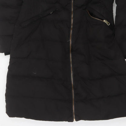 Zara Women Black M Long Quilted Puffer Coat Zip Padded Winter