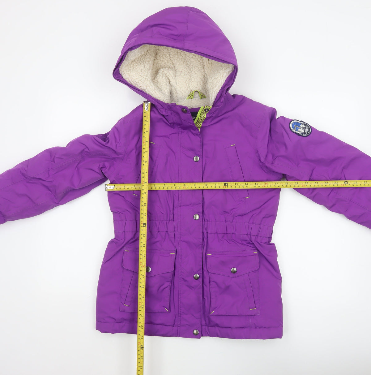 Close-up detail of Lands' End girls’ purple 14-15 years hooded down insulated parka coat