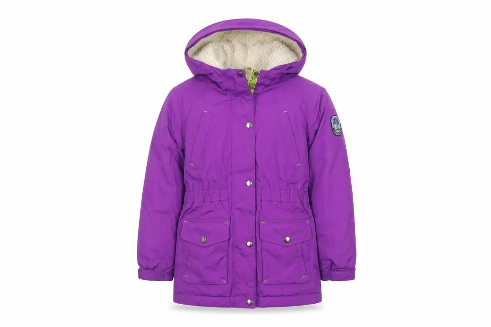 Front view of Lands' End girls’ purple 14-15 years hooded down insulated parka coat