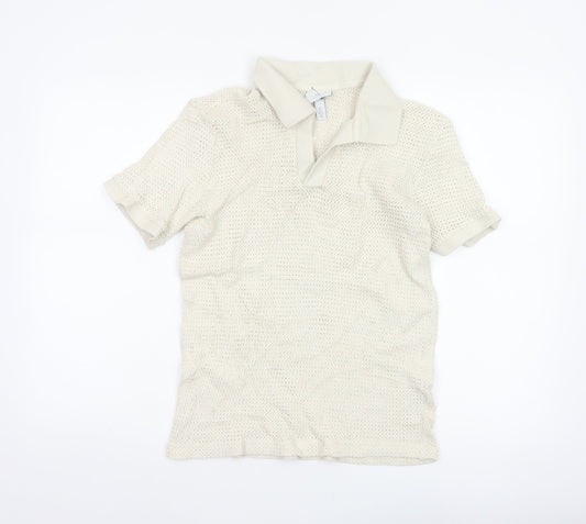 H&M Women Ivory Size 8 Regular Fit Knit Cotton Short Sleeve Polo Top