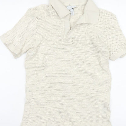 H&M Women Ivory Size 8 Regular Fit Knit Cotton Short Sleeve Polo Top