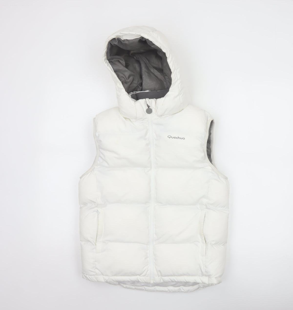 Back view of Quechua girls’ white 12 years hooded padded puffer gilet waistcoat