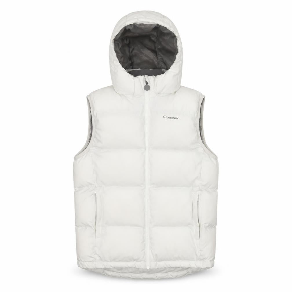 Front view of Quechua girls’ white 12 years hooded padded puffer gilet waistcoat