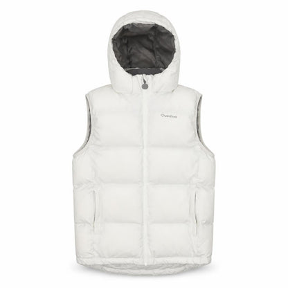 Front view of Quechua girls’ white 12 years hooded padded puffer gilet waistcoat