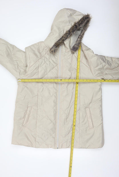 Anne De Lancay Women's Beige L Quilted Puffer Hooded Faux Fur Coat