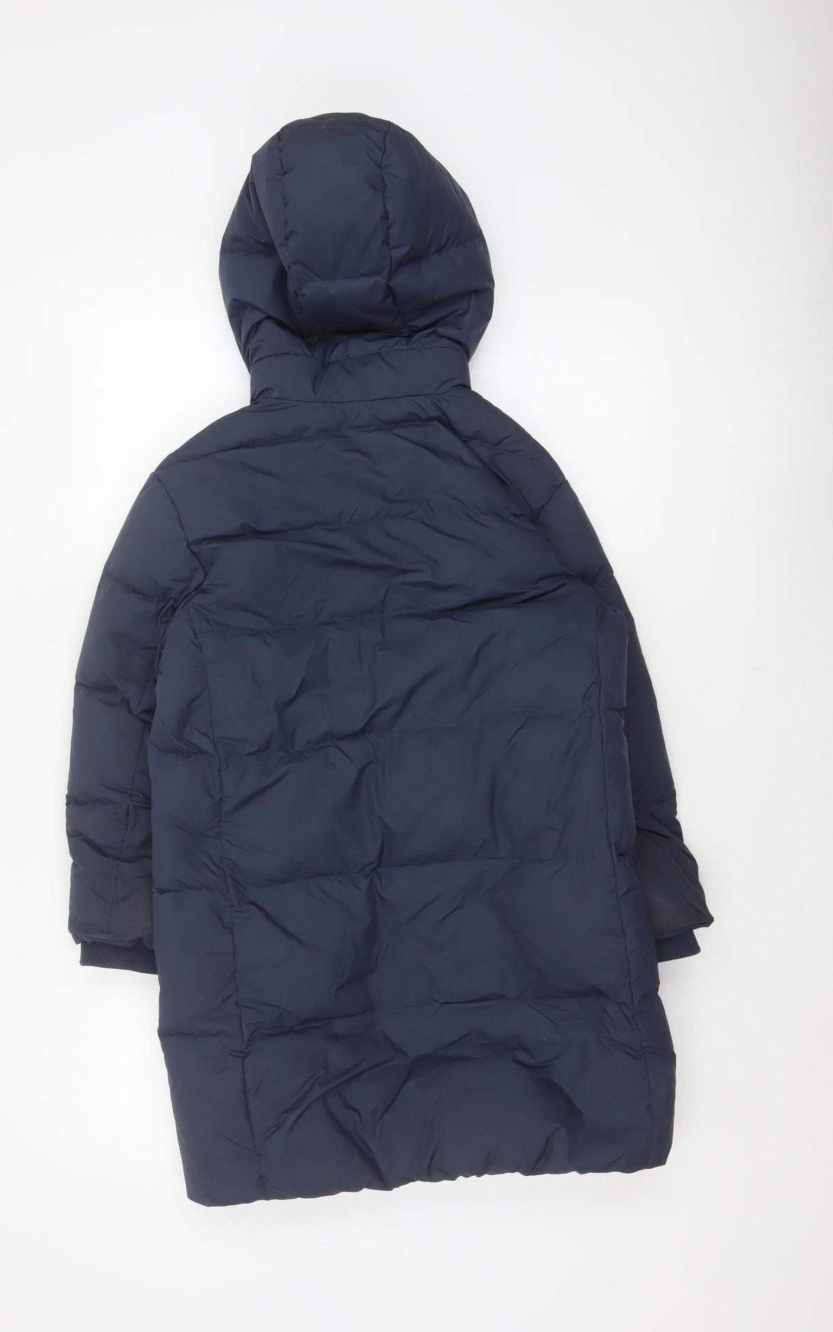 Brand and care label for Uniqlo boys’ blue 7-8 years long hooded down puffer coat