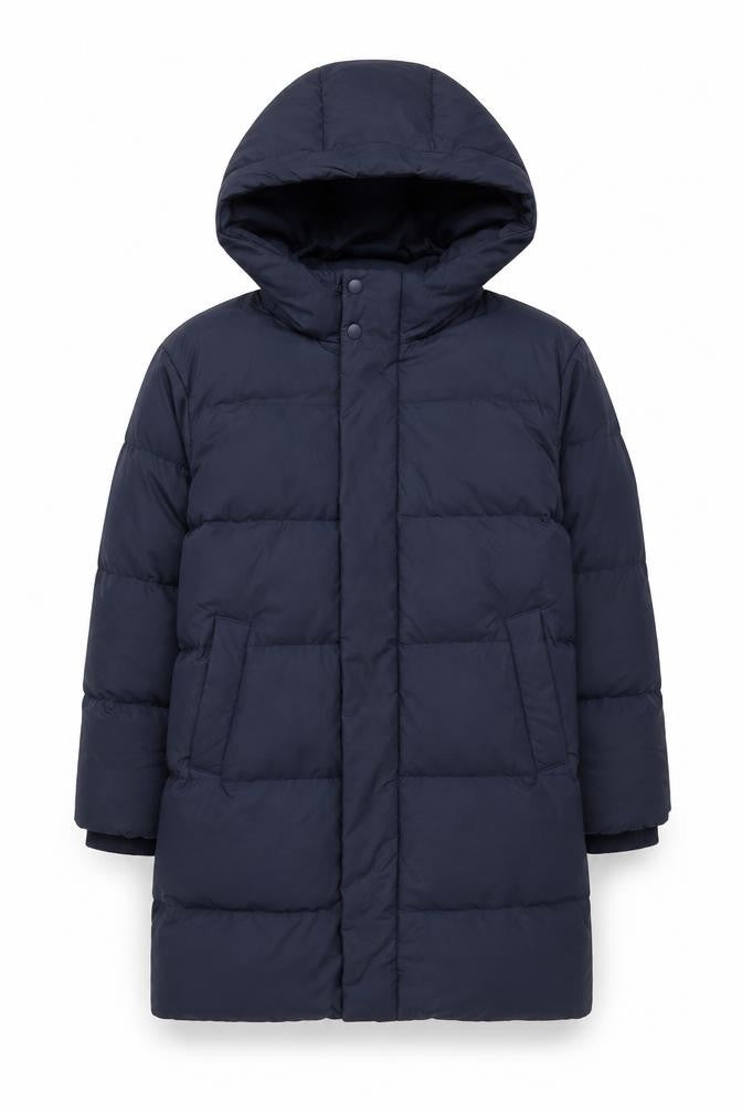 Front view of Uniqlo boys’ blue 7-8 years long hooded down puffer coat