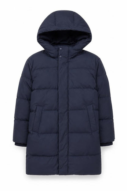 Front view of Uniqlo boys’ blue 7-8 years long hooded down puffer coat
