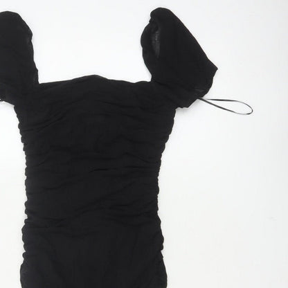 Kiss The Sky Women Black S Ruched Puff Sleeve Bodycon Party Dress