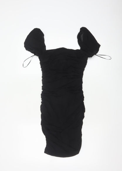 Kiss The Sky Women Black S Ruched Puff Sleeve Bodycon Party Dress
