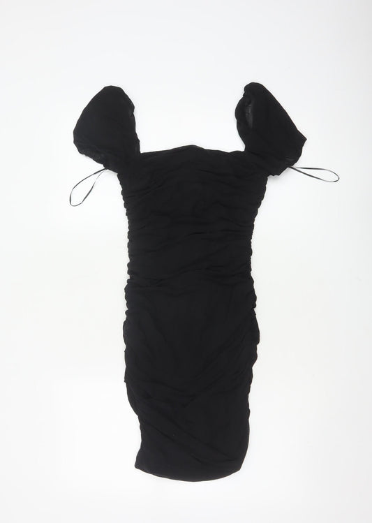 Kiss The Sky Women Black S Ruched Puff Sleeve Bodycon Party Dress
