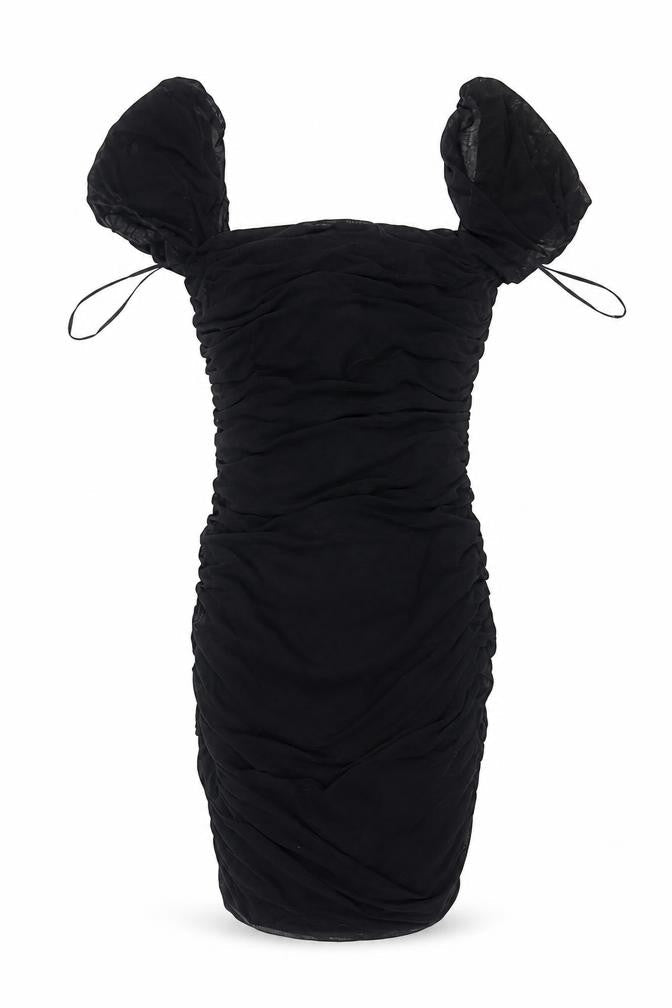 Kiss The Sky Women Black S Ruched Puff Sleeve Bodycon Party Dress