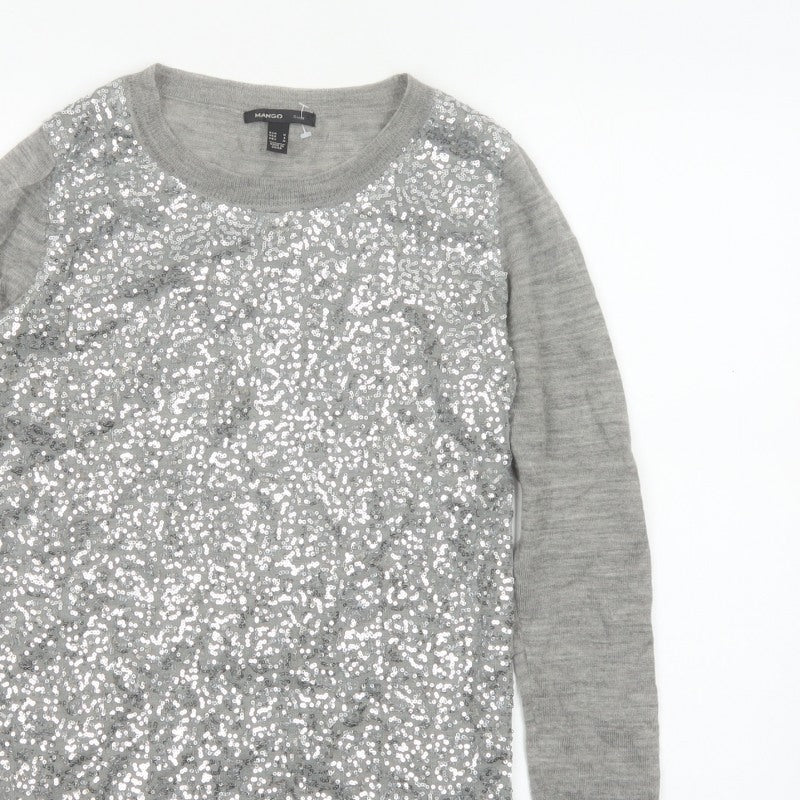 Mango Women Grey M Sequin Front Long Sleeve Knit Pullover Jumper