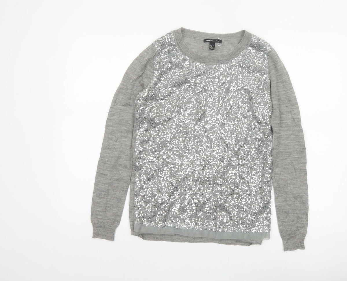Mango Women Grey M Sequin Front Long Sleeve Knit Pullover Jumper