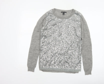 Mango Women Grey M Sequin Front Long Sleeve Knit Pullover Jumper