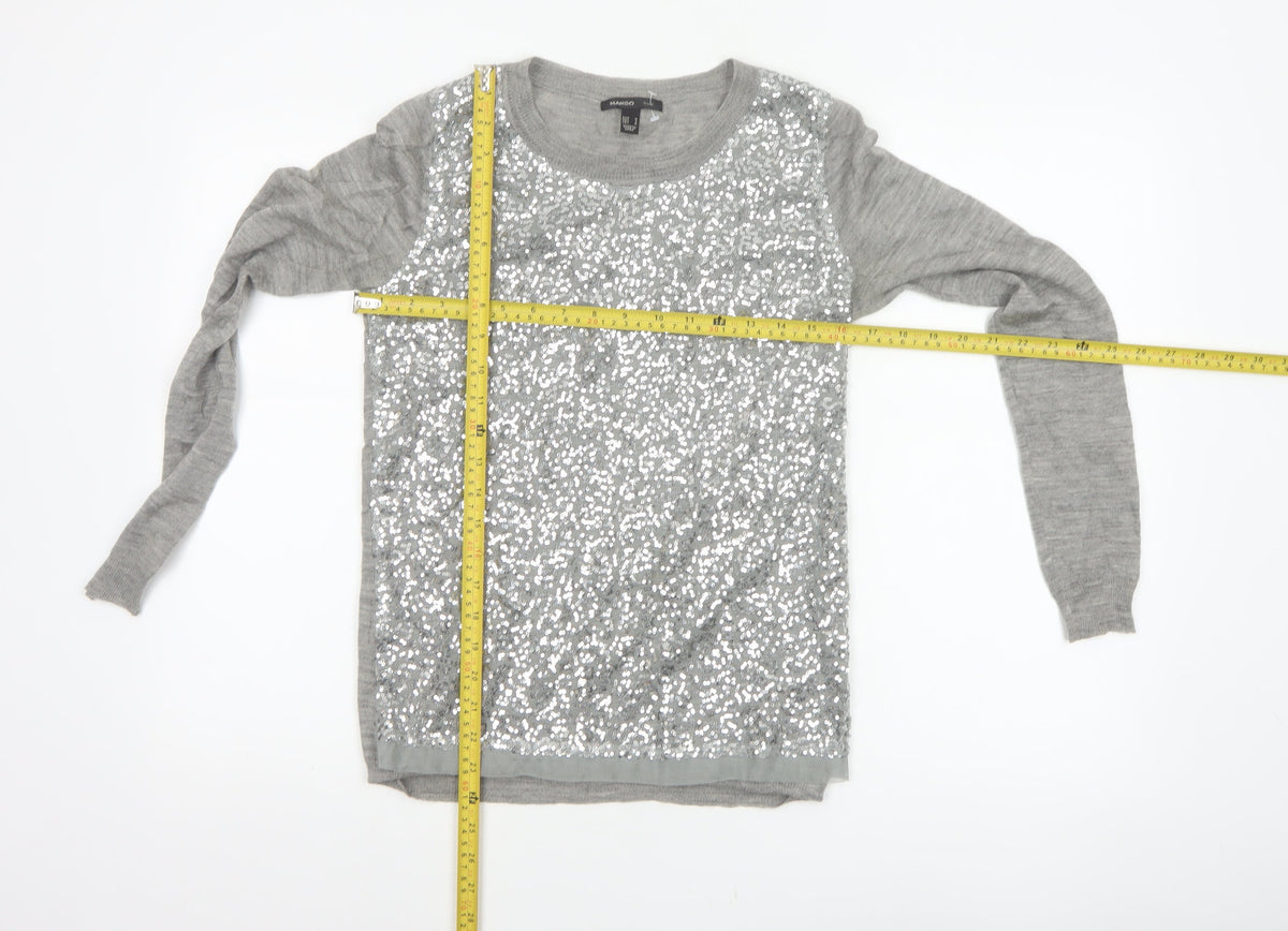 Mango Women Grey M Sequin Front Long Sleeve Knit Pullover Jumper