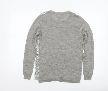 Mango Women Grey M Sequin Front Long Sleeve Knit Pullover Jumper
