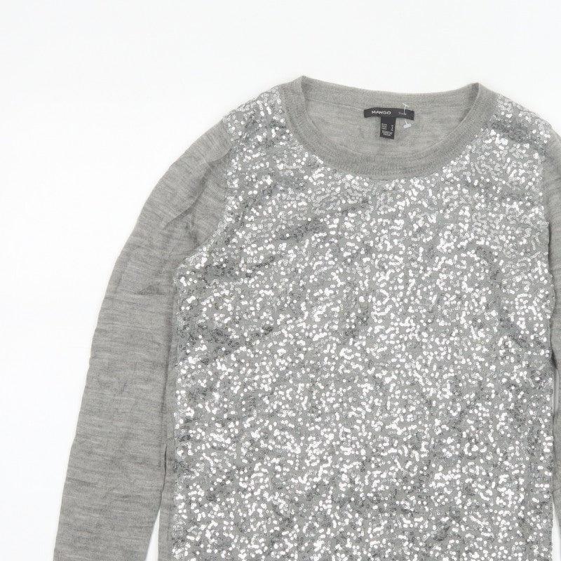 Mango Women Grey M Sequin Front Long Sleeve Knit Pullover Jumper