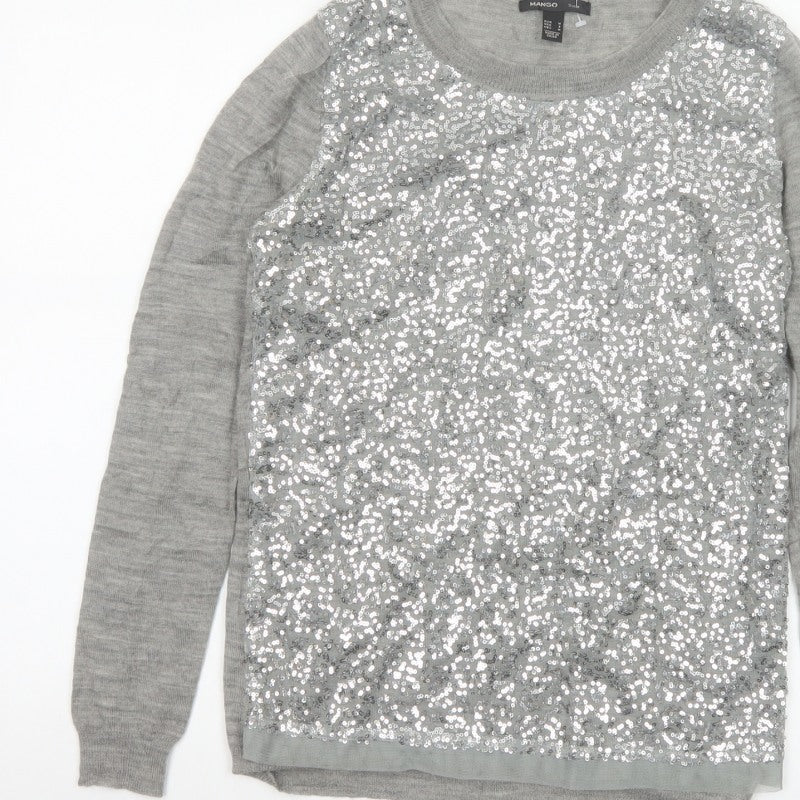Mango Women Grey M Sequin Front Long Sleeve Knit Pullover Jumper
